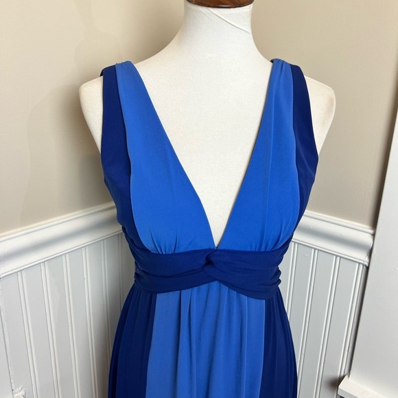 Goddess Empire Waist Blue Color Block Maxi Dress Size 4 Long Flowing Soft Knit - Picture 7 of 11